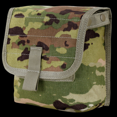 The Condor Ammo Pouch in Scorpion OCP is a small, rectangular camouflage pouch featuring a flap closure secured by a fabric tab and snap buttons.
